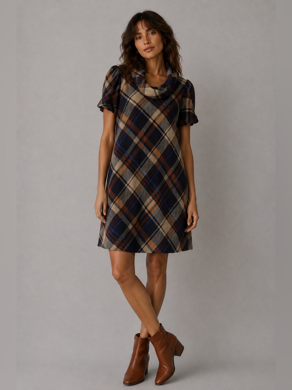 Jessica Howard JH Plaid Cowl Neck Dress S Puff Sleeve Blue Brown Academia
